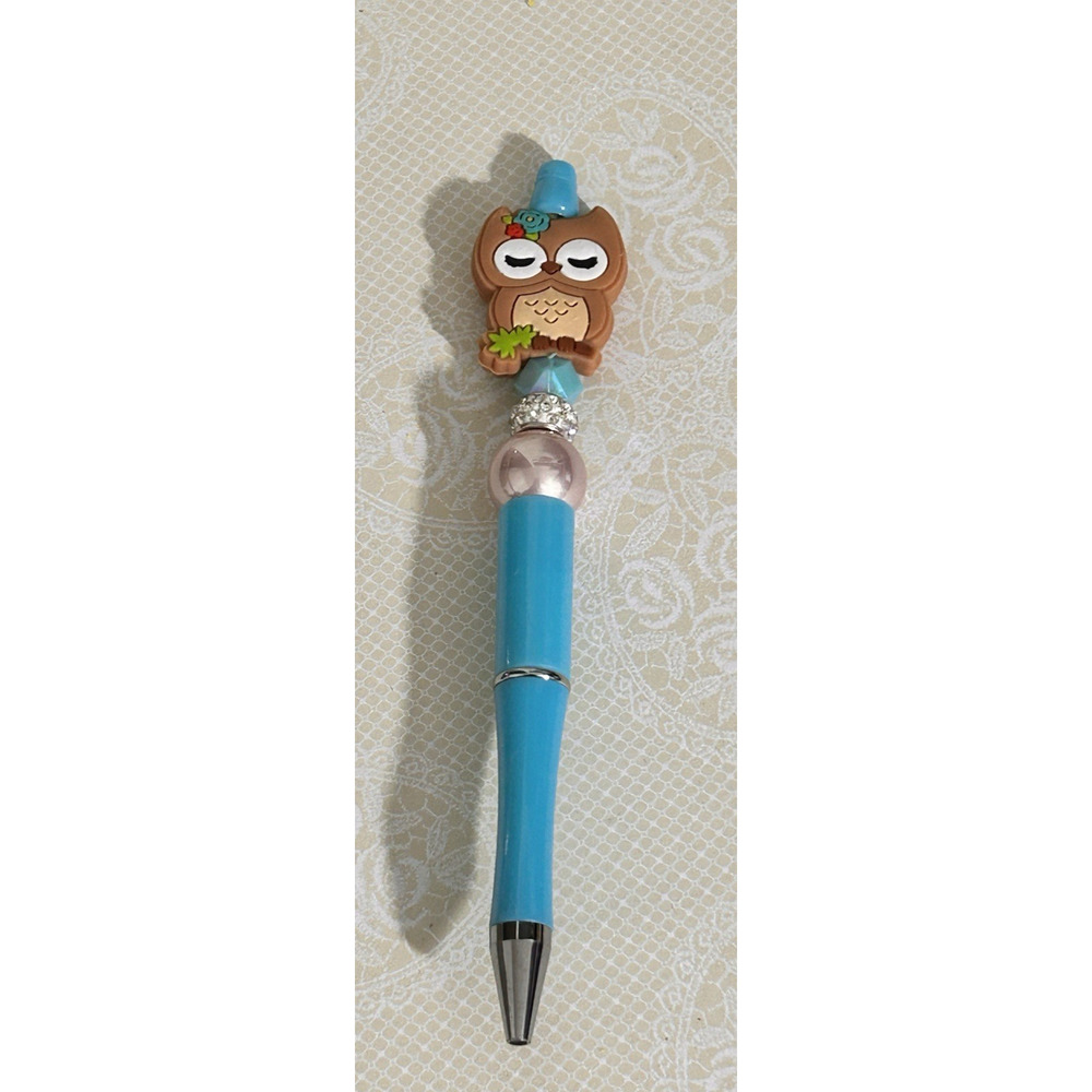 Custom Beaded Owl Blue Pen Handmade Sparkle Rhinestone Fun Unique Gift